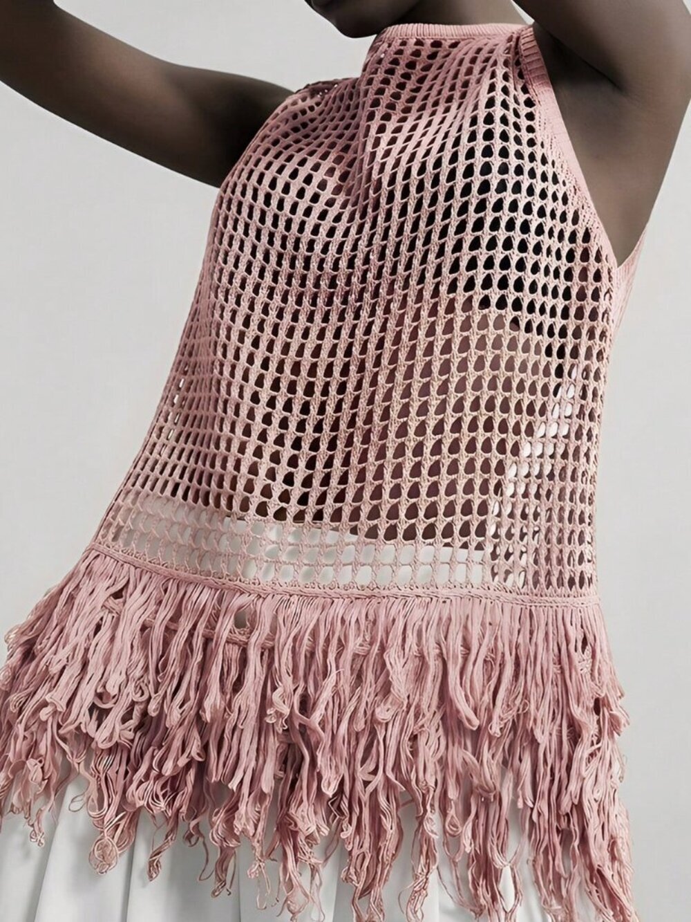 Pink Bohemian Women's Festival Look with Fringe Hem Knit Top &